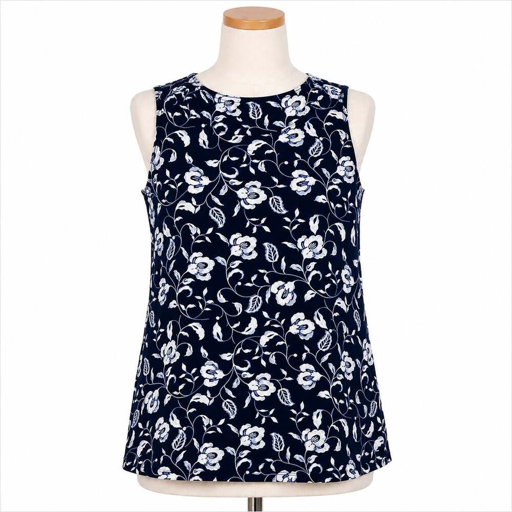 J Jill Wearever Collection Tank Top M Petite Navy White Floral Stretch Knit